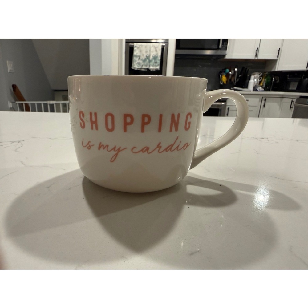 Shopping Is My Cardio White Ceramic Coffee Mug Pink Text Oversized Cup